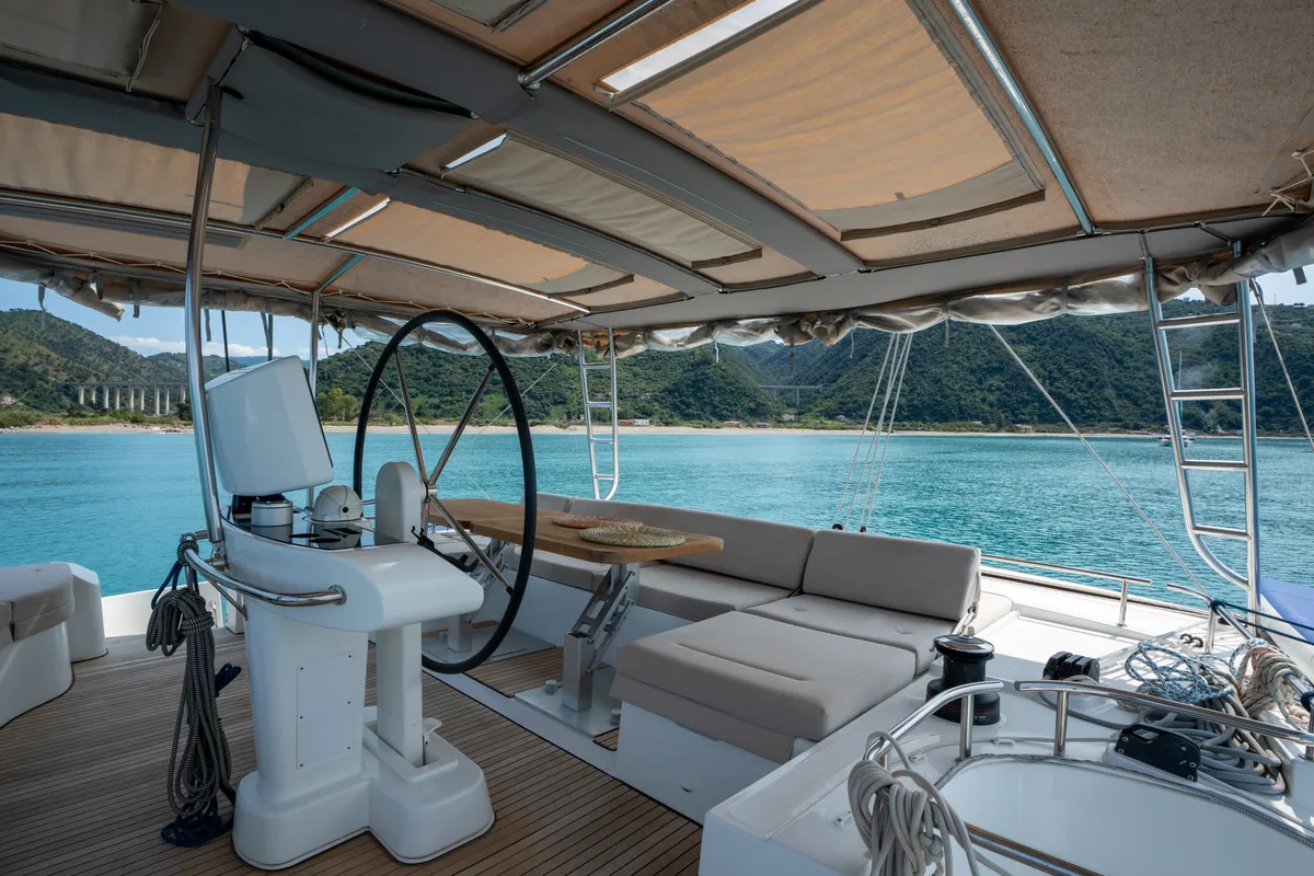 Cockpit of Lagoon 52F, a catamaran at Capo d'Orlando, Italy