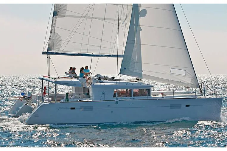 Exterior view of Amelia, a Lagoon 450 catamaran at Athens, Greece
