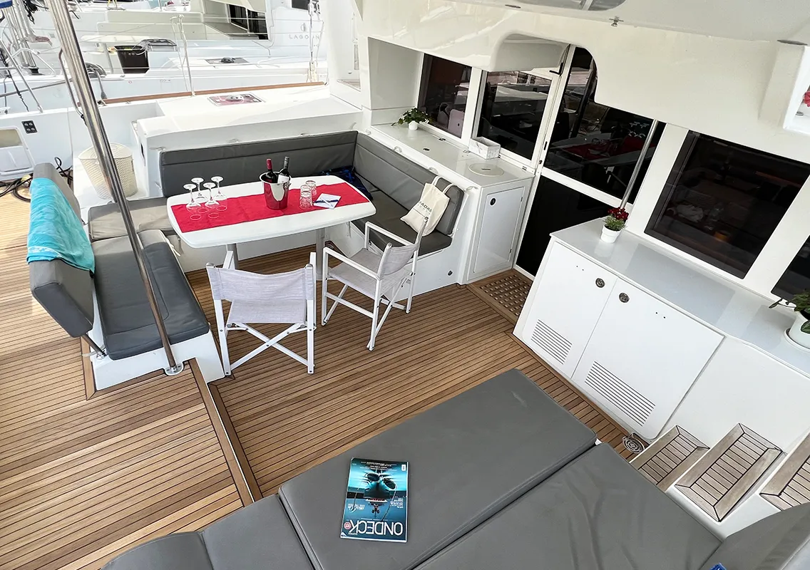 Deck of Amelia, a Lagoon 450 catamaran at Athens, Greece