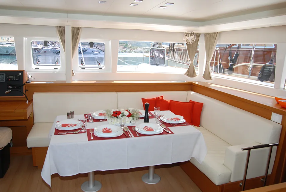 Exterior view of Amelia, a Lagoon 450 catamaran at Athens, Greece