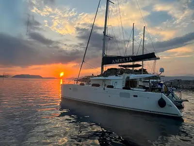Deck of Amelia, a Lagoon 450 catamaran at Athens, Greece