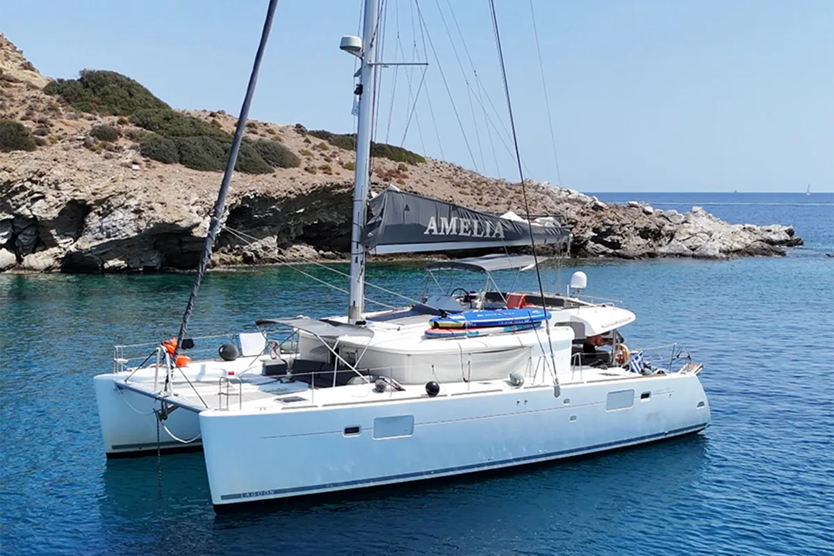 Exterior view of Amelia, a Lagoon 450 catamaran at Athens, Greece