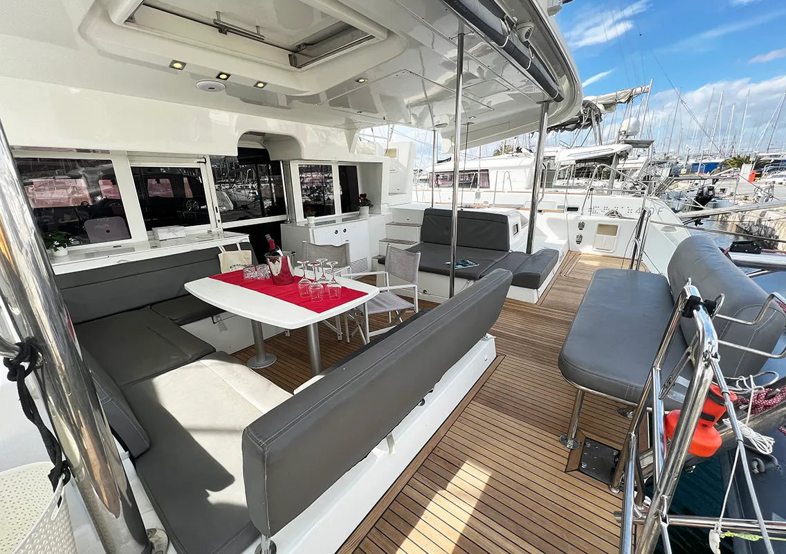 Deck of Amelia, a Lagoon 450 catamaran at Athens, Greece