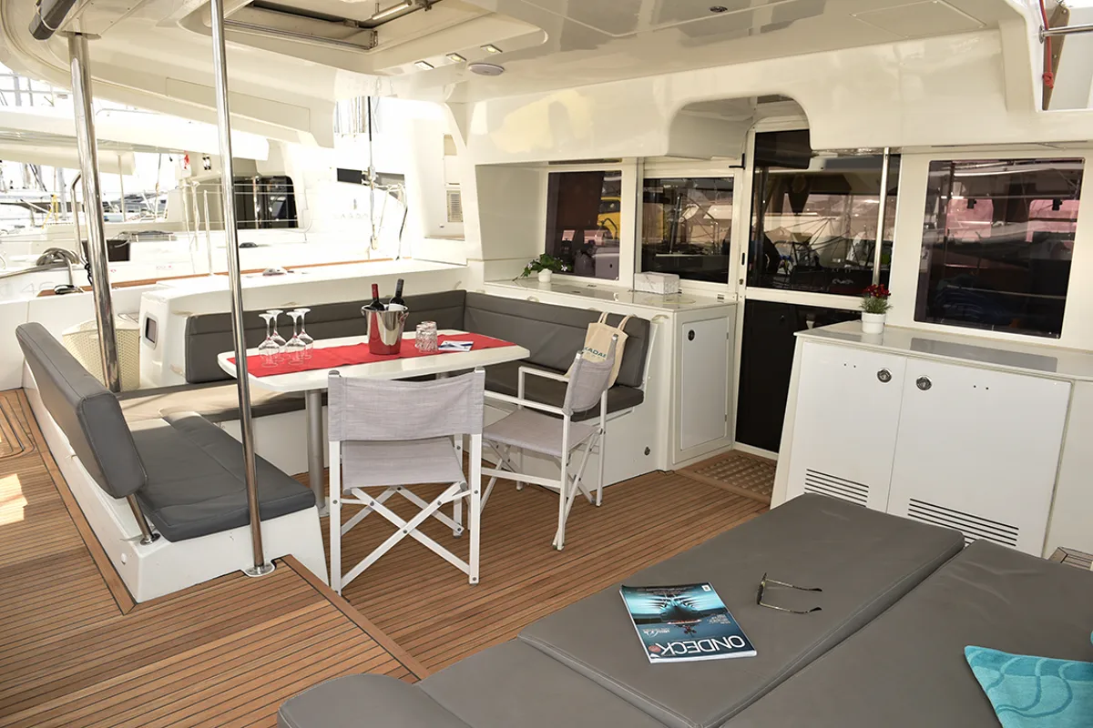 Deck of Amelia, a Lagoon 450 catamaran at Athens, Greece