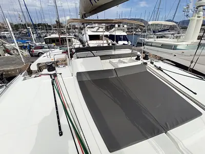 Cockpit of Amelia, a Lagoon 450 catamaran at Athens, Greece