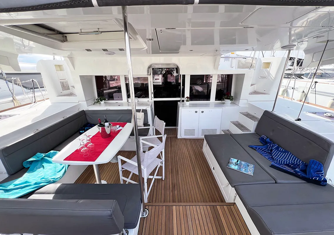 Deck of Amelia, a Lagoon 450 catamaran at Athens, Greece