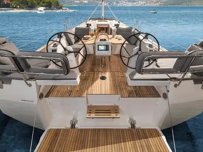 Cockpit of Bella, a Bavaria C42 sailboat at Municipal Unit of Palairos, Greece