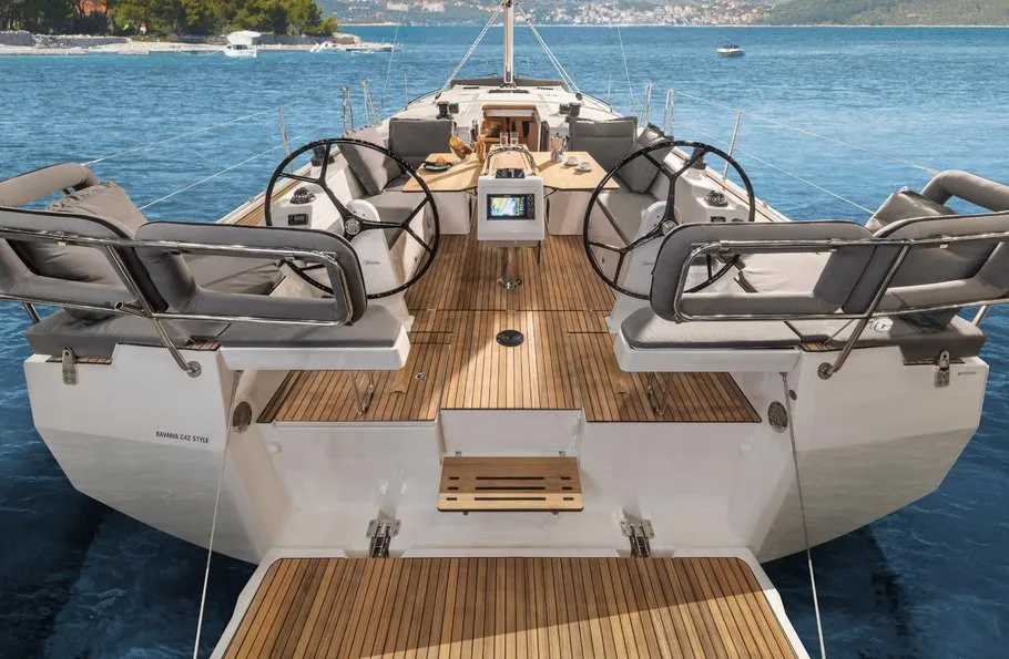 Cockpit of Bella, a Bavaria C42 sailboat at Municipal Unit of Palairos, Greece
