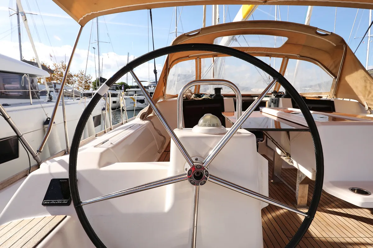 Cockpit of Santa Rosa, a Dufour 460 GL sailboat at Grad Trogir, Croatia