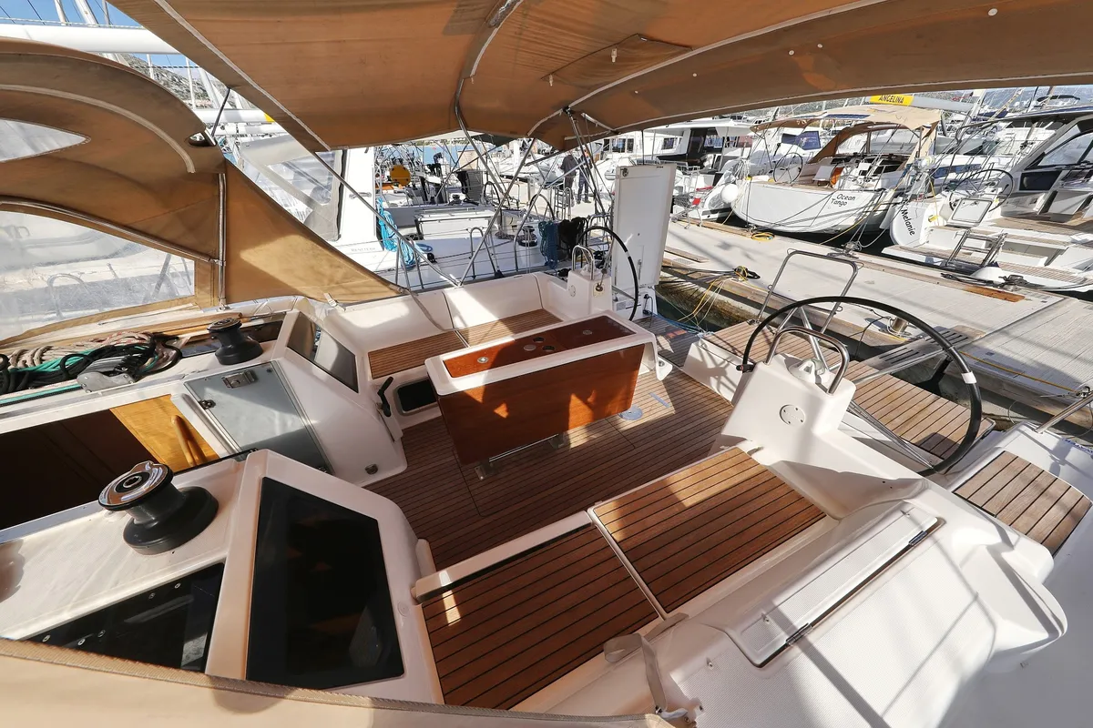 Cockpit of Santa Rosa, a Dufour 460 GL sailboat at Grad Trogir, Croatia