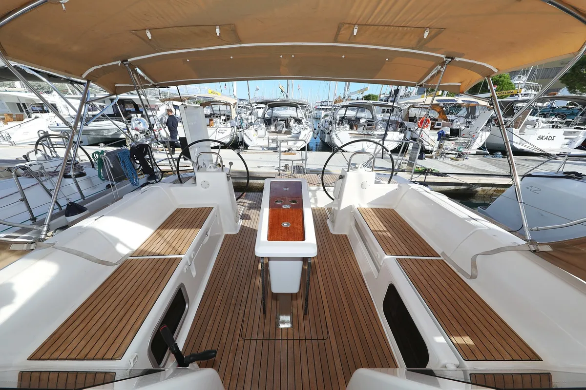 Cockpit of Santa Rosa, a Dufour 460 GL sailboat at Grad Trogir, Croatia