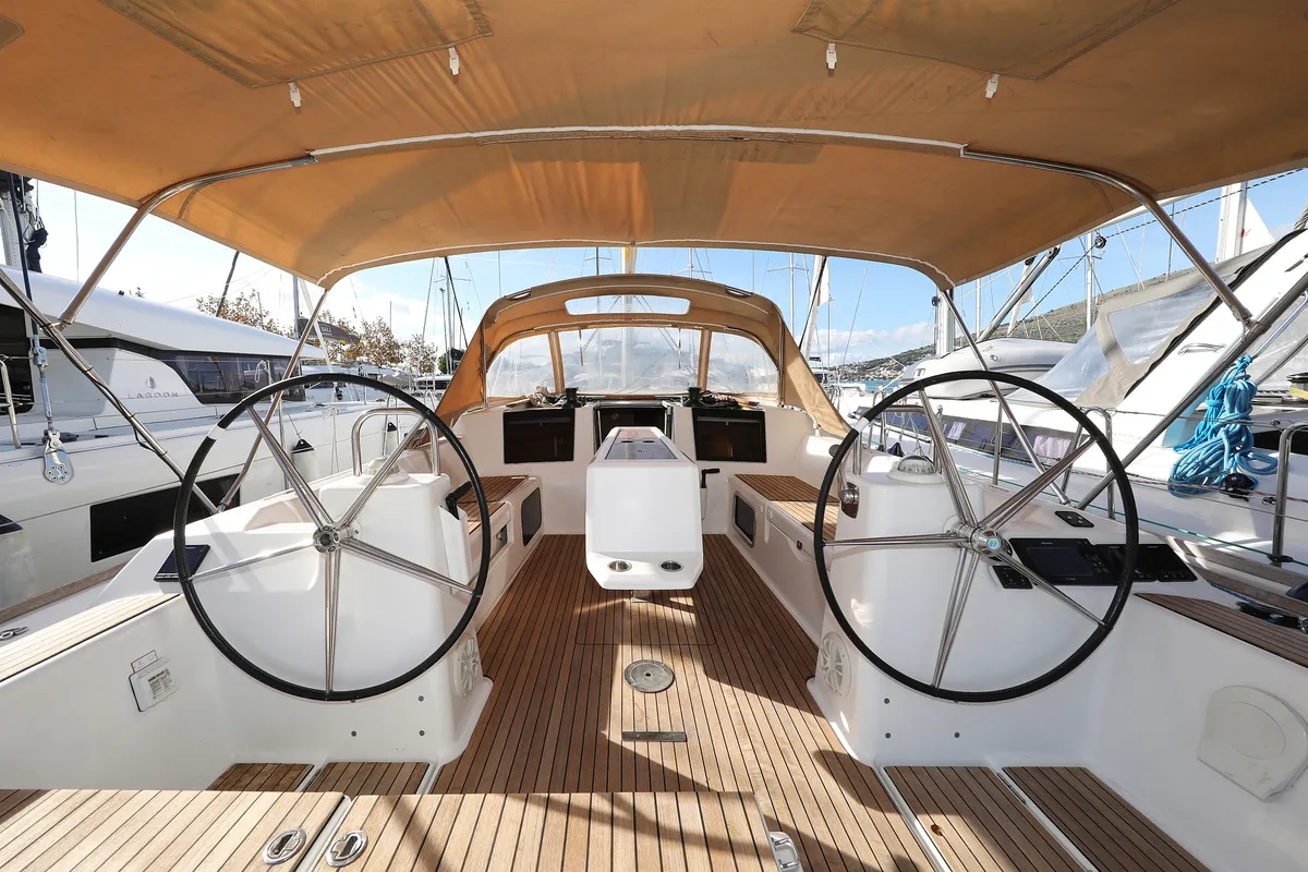 Cockpit of Santa Rosa, a Dufour 460 GL sailboat at Grad Trogir, Croatia