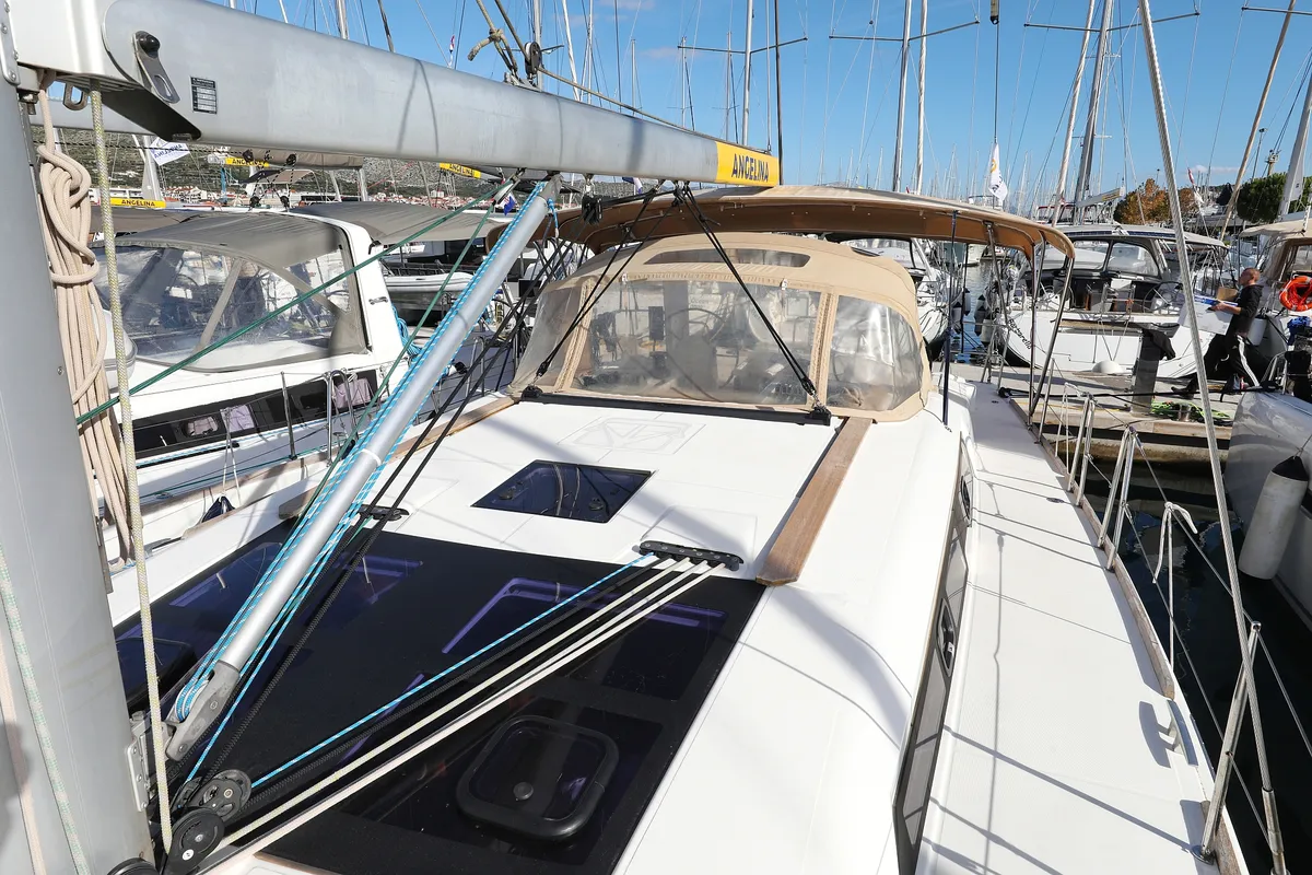 Deck of Santa Rosa, a Dufour 460 GL sailboat at Grad Trogir, Croatia