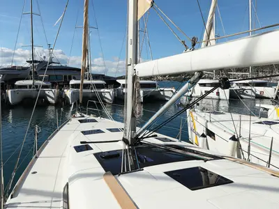 Deck of Santa Rosa, a Dufour 460 GL sailboat at Grad Trogir, Croatia