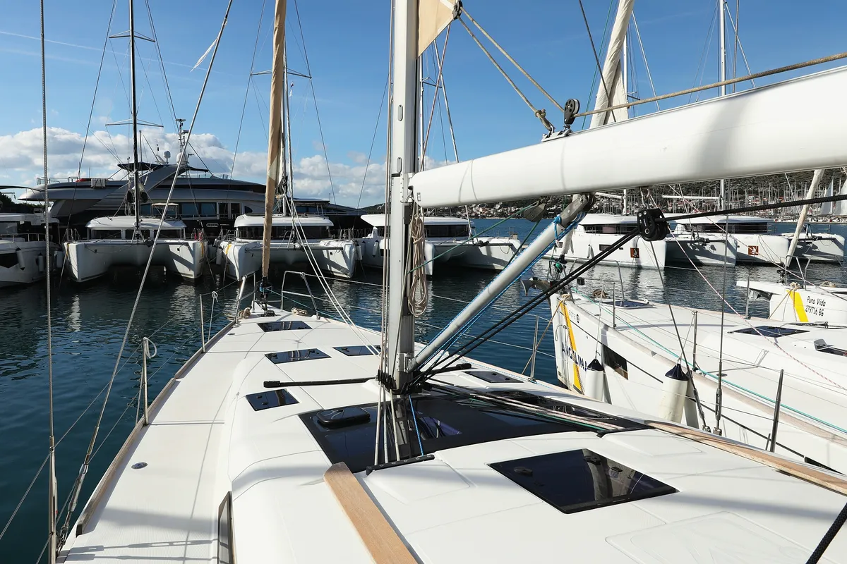 Deck of Santa Rosa, a Dufour 460 GL sailboat at Grad Trogir, Croatia
