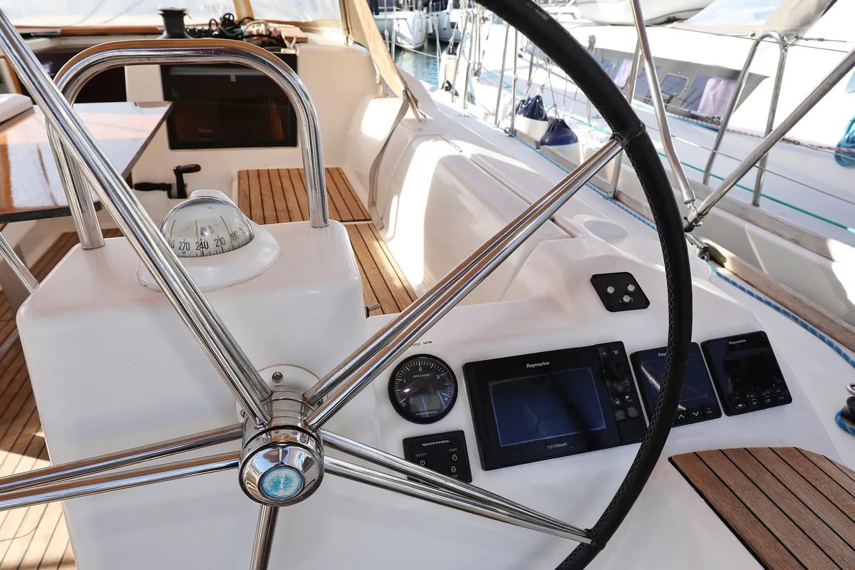 Cockpit of Santa Rosa, a Dufour 460 GL sailboat at Grad Trogir, Croatia