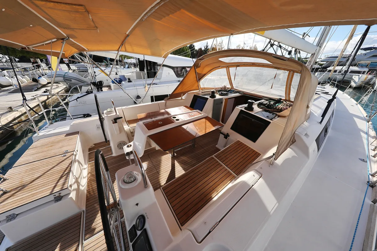 Cockpit of Santa Rosa, a Dufour 460 GL sailboat at Grad Trogir, Croatia