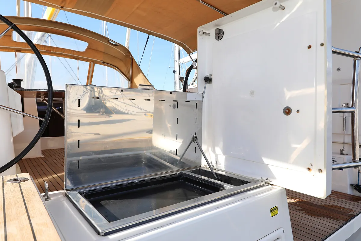 Deck of Santa Rosa, a Dufour 460 GL sailboat at Grad Trogir, Croatia