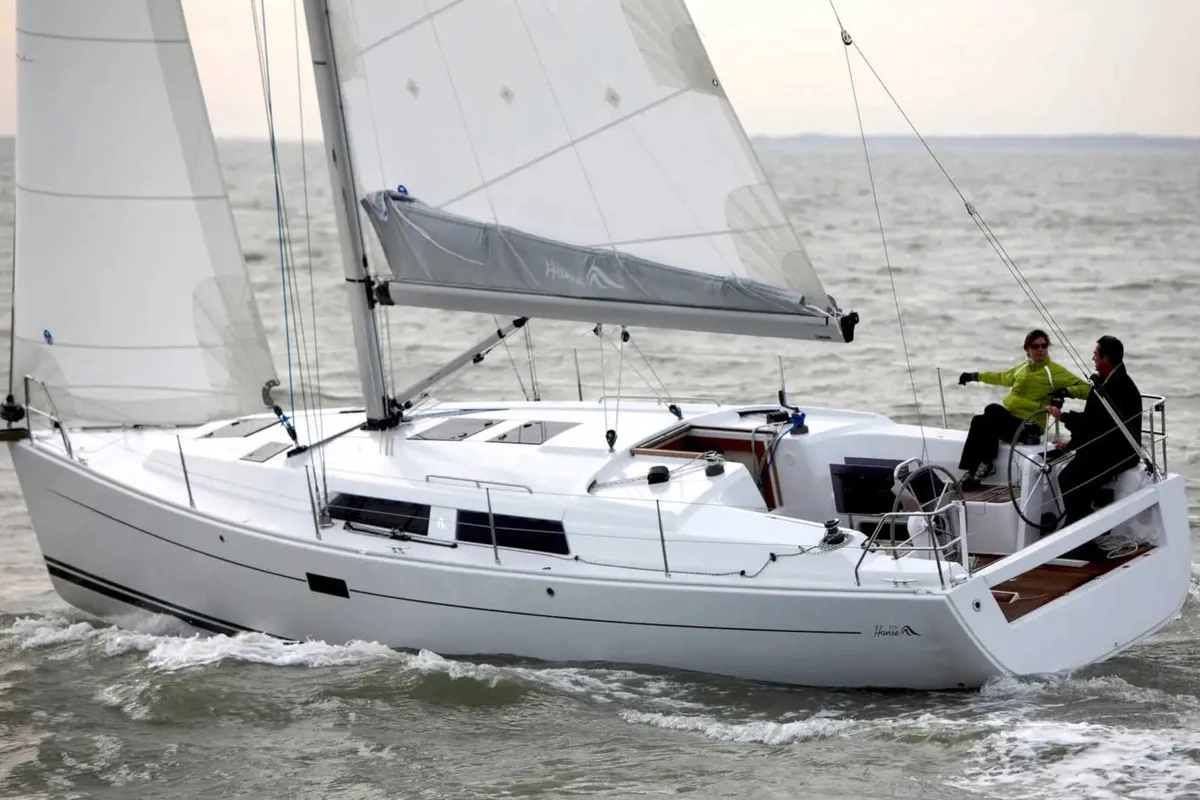 Exterior view of Baba Yaga, a Hanse 375 sailboat at Marmaris, Turkey