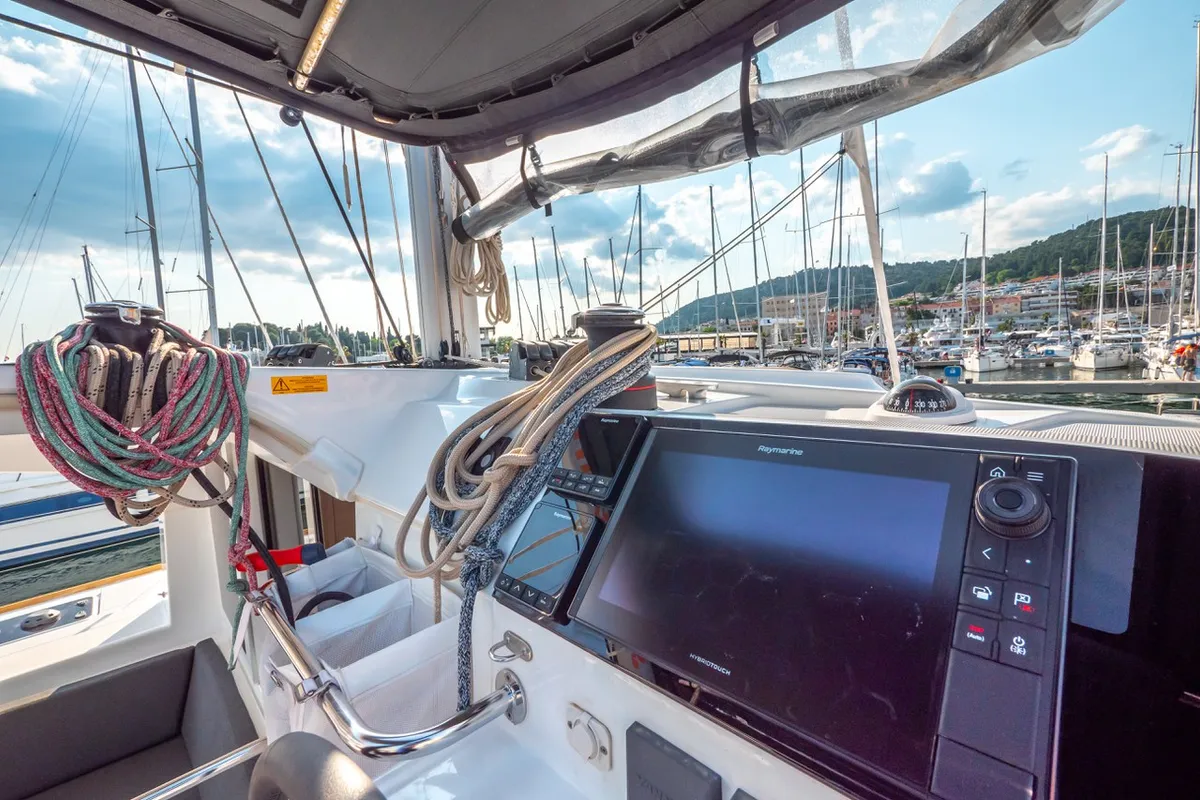 Cockpit of Osprey, a Lagoon 40 catamaran at Split, Croatia