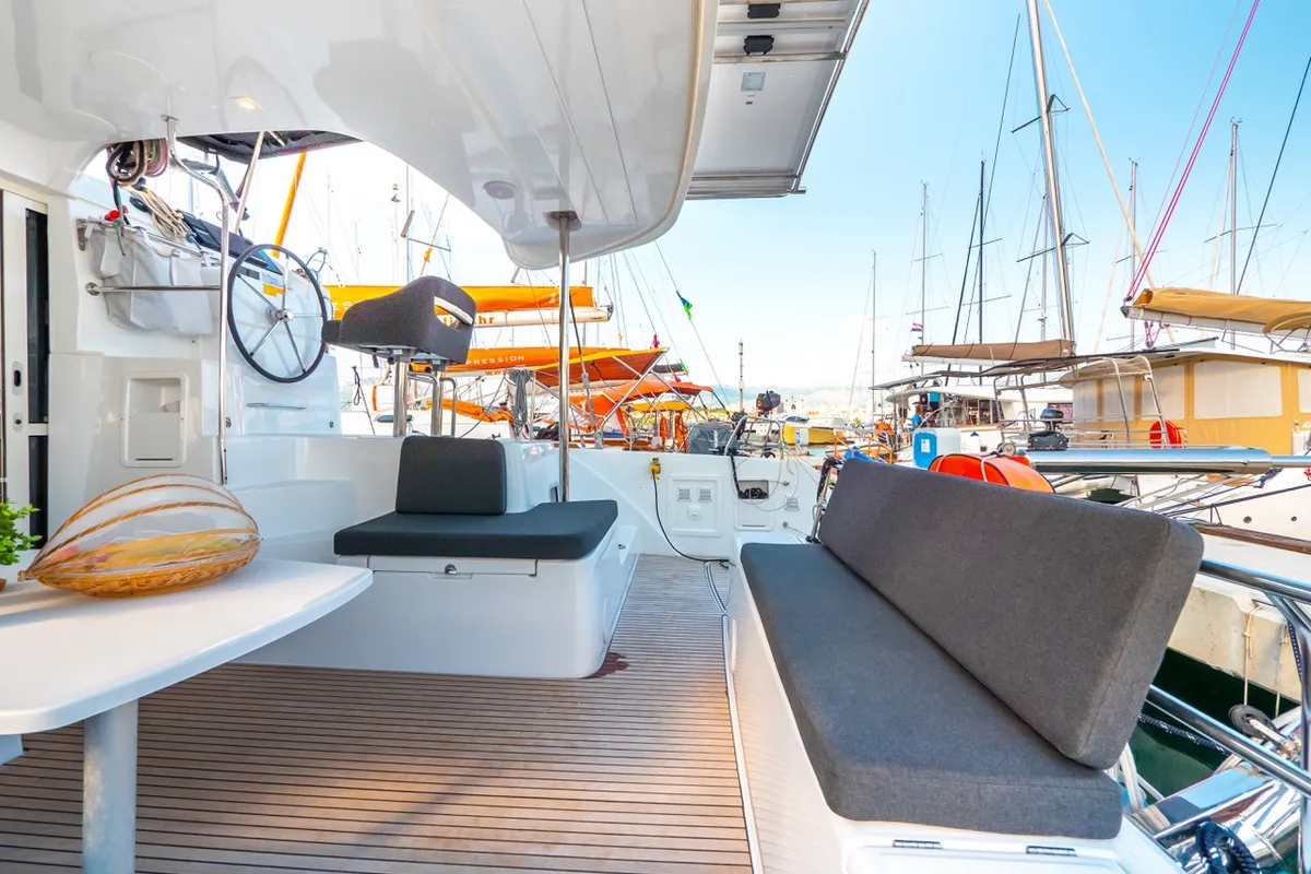 Deck of Osprey, a Lagoon 40 catamaran at Split, Croatia