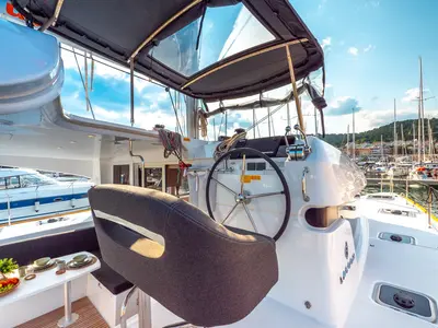 Cockpit of Osprey, a Lagoon 40 catamaran at Split, Croatia