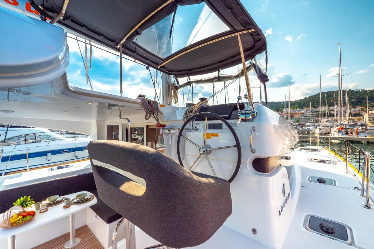 Cockpit of Osprey, a Lagoon 40 catamaran at Split, Croatia