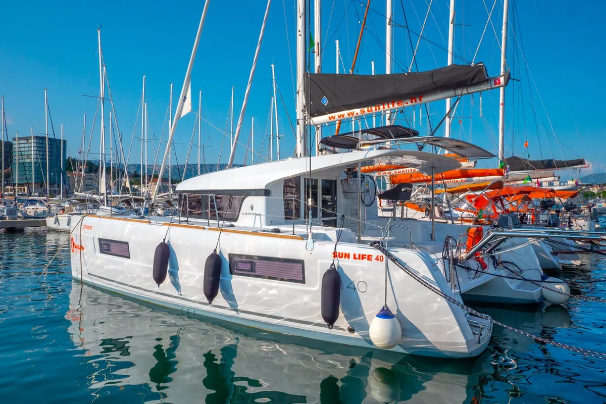 Exterior view of Osprey, a Lagoon 40 catamaran at Split, Croatia