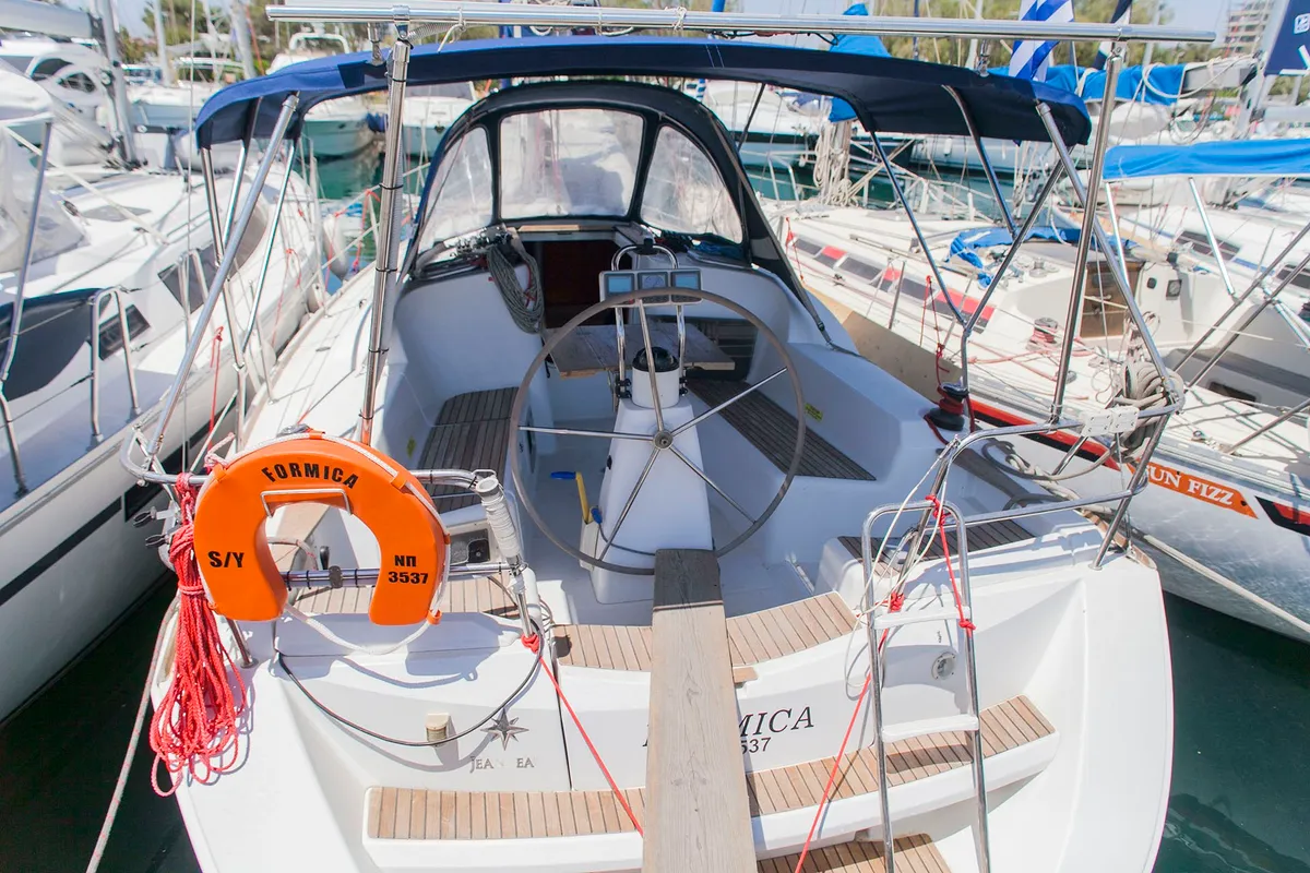 Cockpit of Formica, a Jeanneau Sun Odyssey 36i sailboat at Preveza, Greece