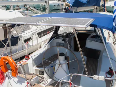 Cockpit of Formica, a Jeanneau Sun Odyssey 36i sailboat at Preveza, Greece