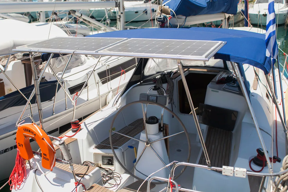 Cockpit of Formica, a Jeanneau Sun Odyssey 36i sailboat at Preveza, Greece