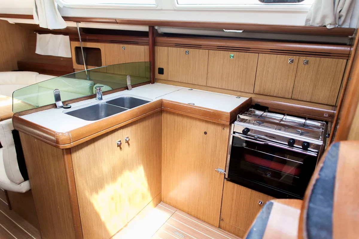Galley of Formica, a Jeanneau Sun Odyssey 36i sailboat at Preveza, Greece