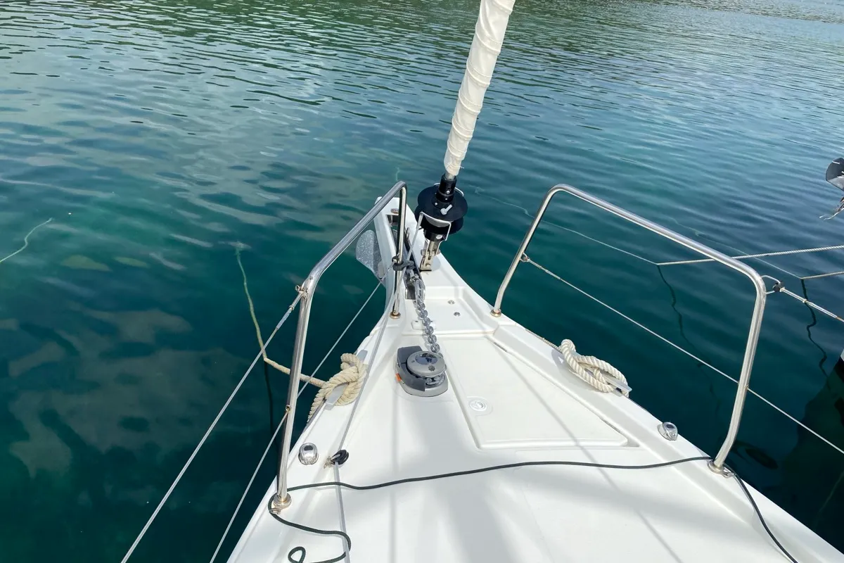 Deck of Karma, a Beneteau Oceanis 40.1 sailboat at Olbia, Italy