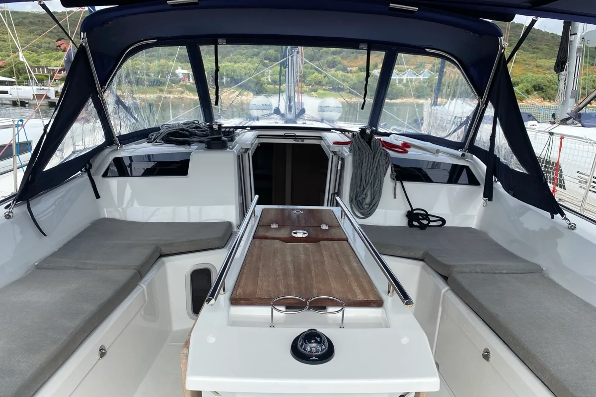 Cockpit of Karma, a Beneteau Oceanis 40.1 sailboat at Olbia, Italy