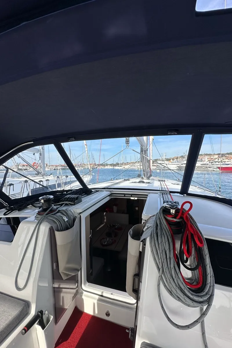 Cockpit of Karma, a Beneteau Oceanis 40.1 sailboat at Olbia, Italy