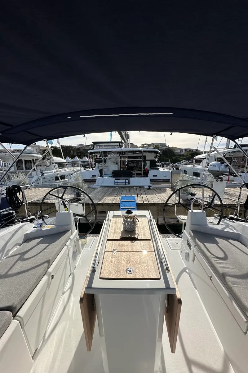 Cockpit of Karma, a Beneteau Oceanis 40.1 sailboat at Olbia, Italy