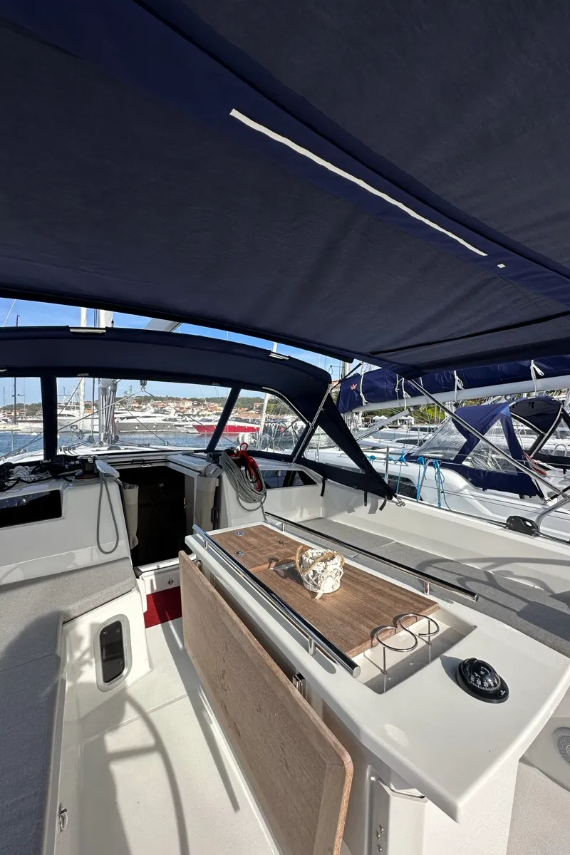 Deck of Karma, a Beneteau Oceanis 40.1 sailboat at Olbia, Italy