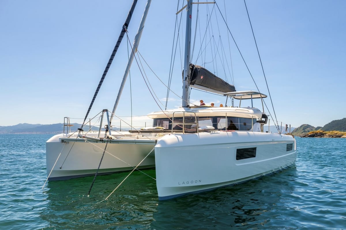 Exterior view of White, a Lagoon 43 catamaran at Salerno, Italy