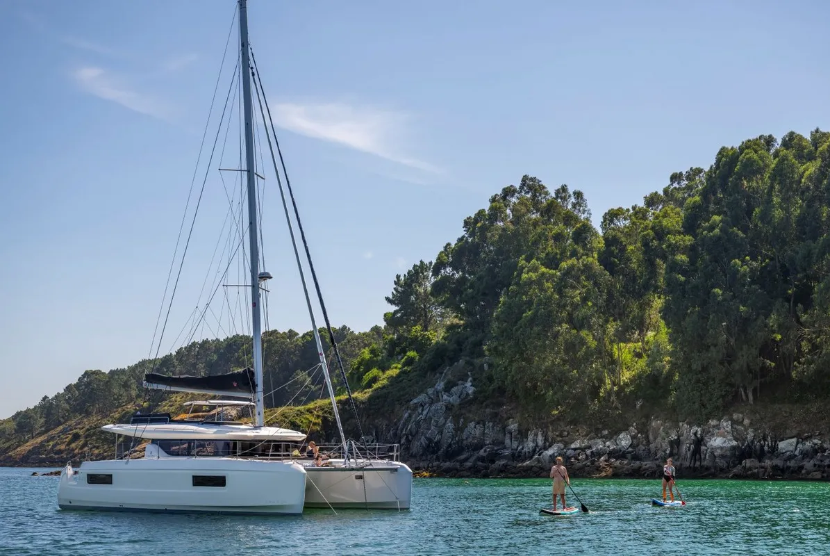 Exterior view of White, a Lagoon 43 catamaran at Salerno, Italy