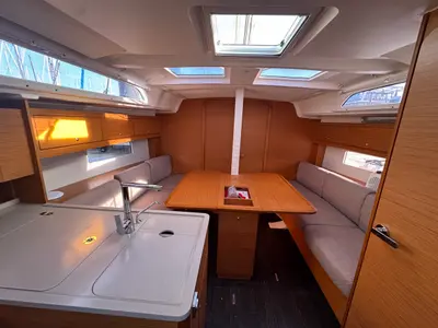 Salon of Rhapsody, a Dufour 37 sailboat at La Rochelle, France