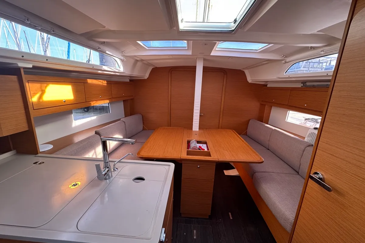 Salon of Rhapsody, a Dufour 37 sailboat at La Rochelle, France