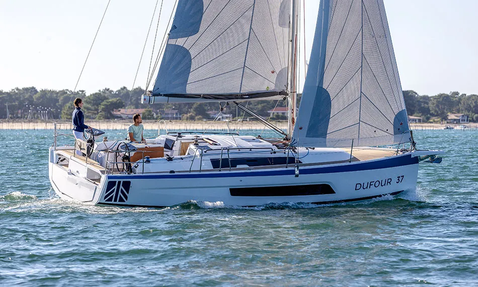 Exterior view of Rhapsody, a Dufour 37 sailboat at La Rochelle, France