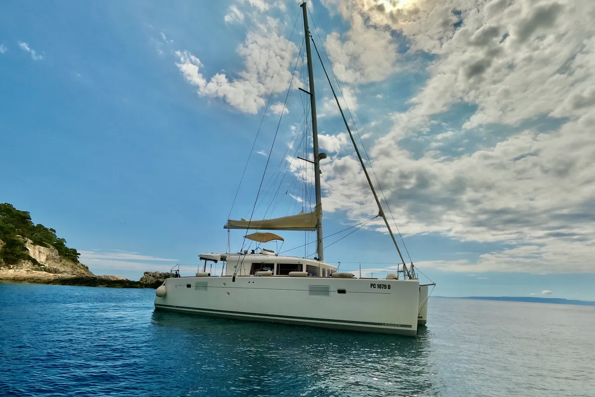 Exterior view of Zia Nella, a Lagoon 450 Fly catamaran at Grad Vis, Croatia