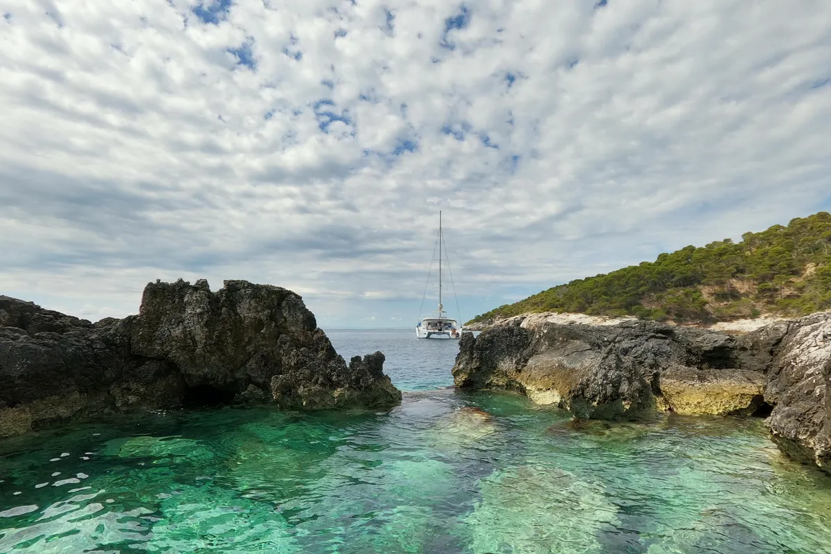 Exterior view of Zia Nella, a Lagoon 450 Fly catamaran at Grad Vis, Croatia