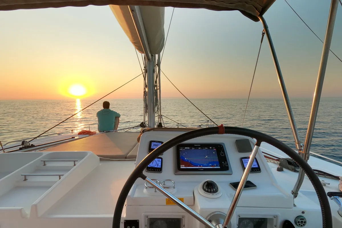 Cockpit of Zia Nella, a Lagoon 450 Fly catamaran at Grad Vis, Croatia