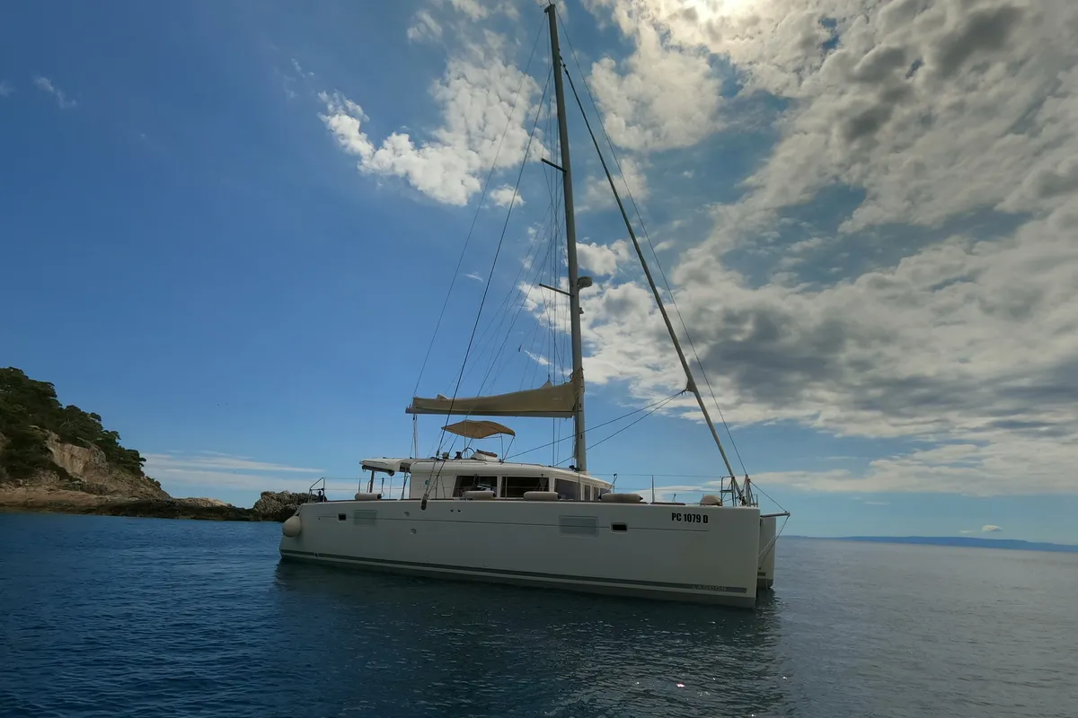 Exterior view of Zia Nella, a Lagoon 450 Fly catamaran at Grad Vis, Croatia
