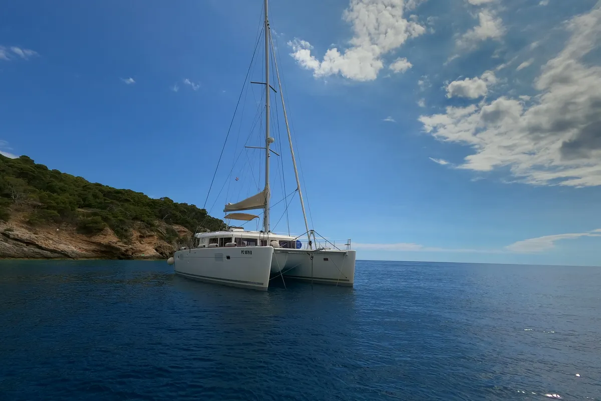 Exterior view of Zia Nella, a Lagoon 450 Fly catamaran at Grad Vis, Croatia