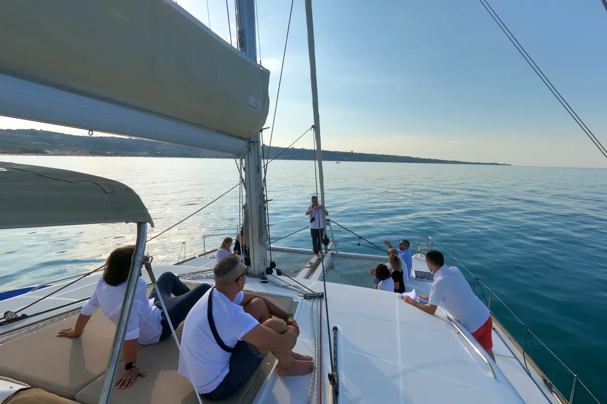 Deck of Zia Nella, a Lagoon 450 Fly catamaran at Grad Vis, Croatia