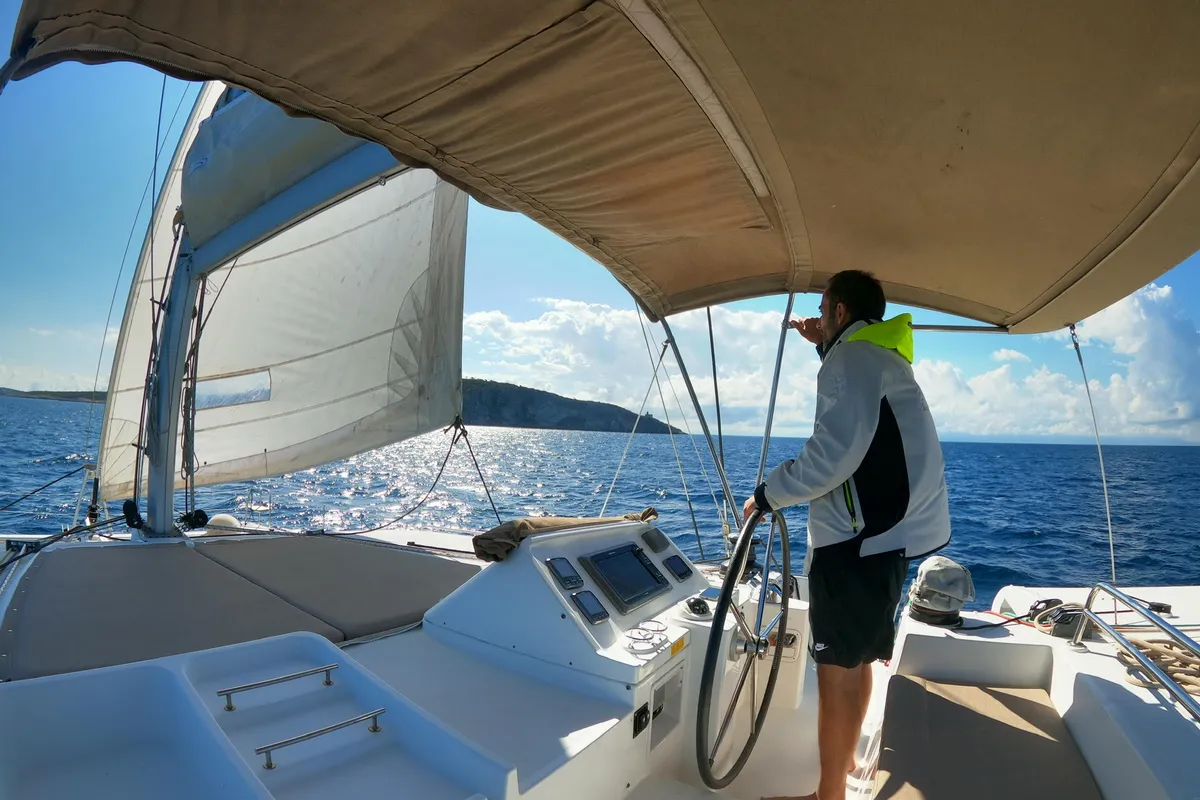 Cockpit of Zia Nella, a Lagoon 450 Fly catamaran at Grad Vis, Croatia