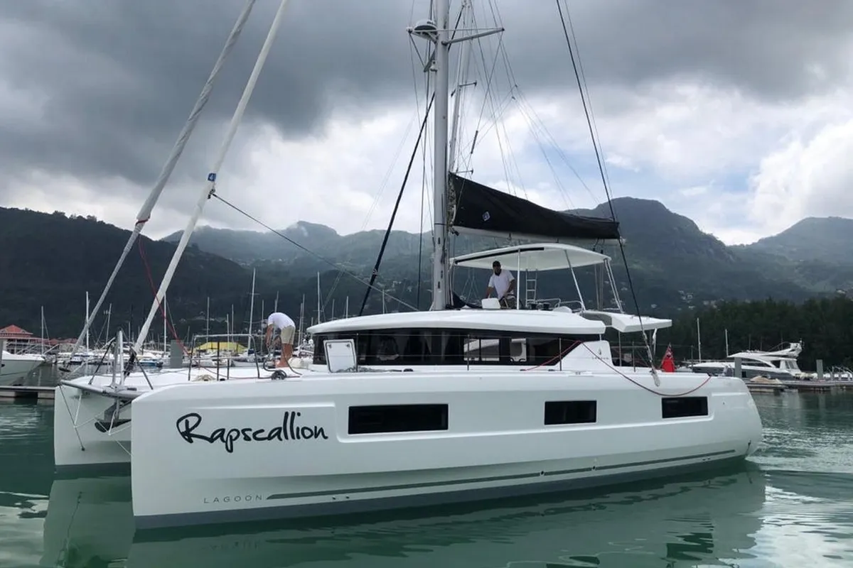 Exterior view of Rapscallion, a Lagoon 46 OW catamaran at Roche Caiman, Seychelles
